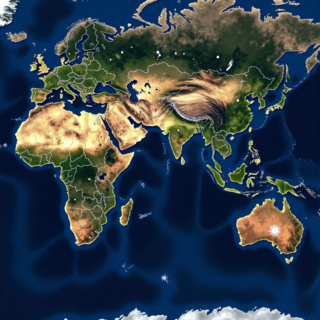 overhead illustration of a global map highlighting key regions for future energy development with glowing nodes representing NNE initiatives and clean energy networks