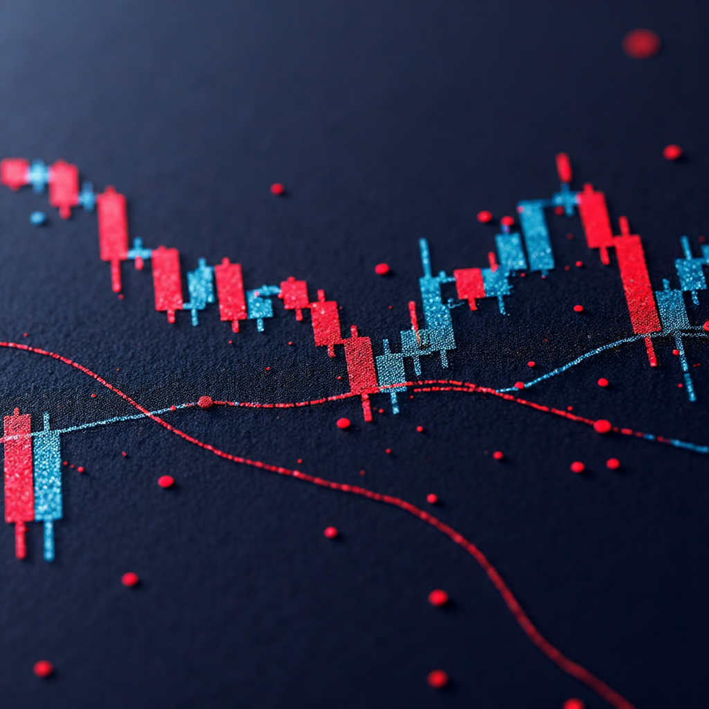 close-up illustration of a trading chart showing volatile price swings indicated by jagged lines and a smoothly trending ATR indicator line, focus on the dynamic interplay between price action and the indicator, digital painting with a high contrast color palette