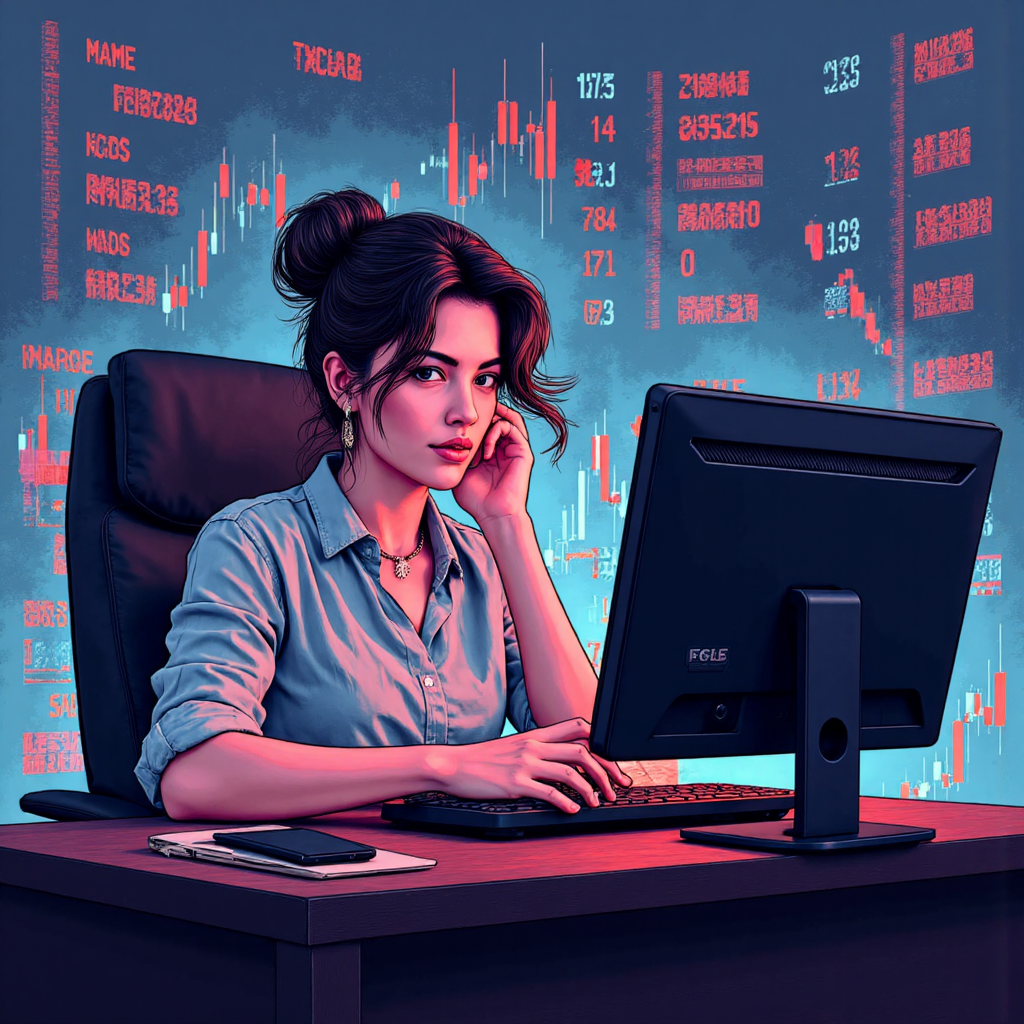 Stylized illustration featuring a confident Thai trader making sharp decisive moves on a virtual trading platform with abstract market data swirling around them signifying intense competition and strategic thinking