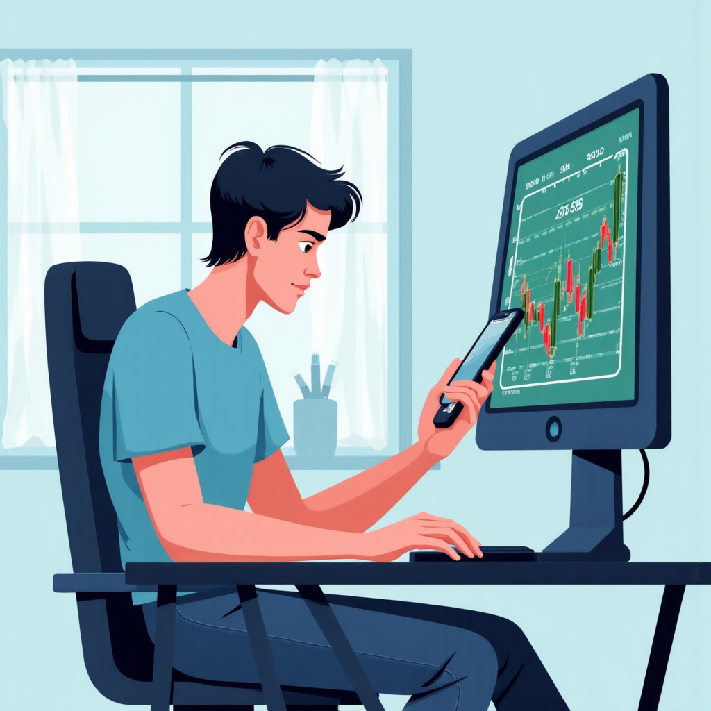 illustration of a careful beginner investor setting a stop loss and take profit order on a mobile trading app with a calm focus and a palette of blues and greens