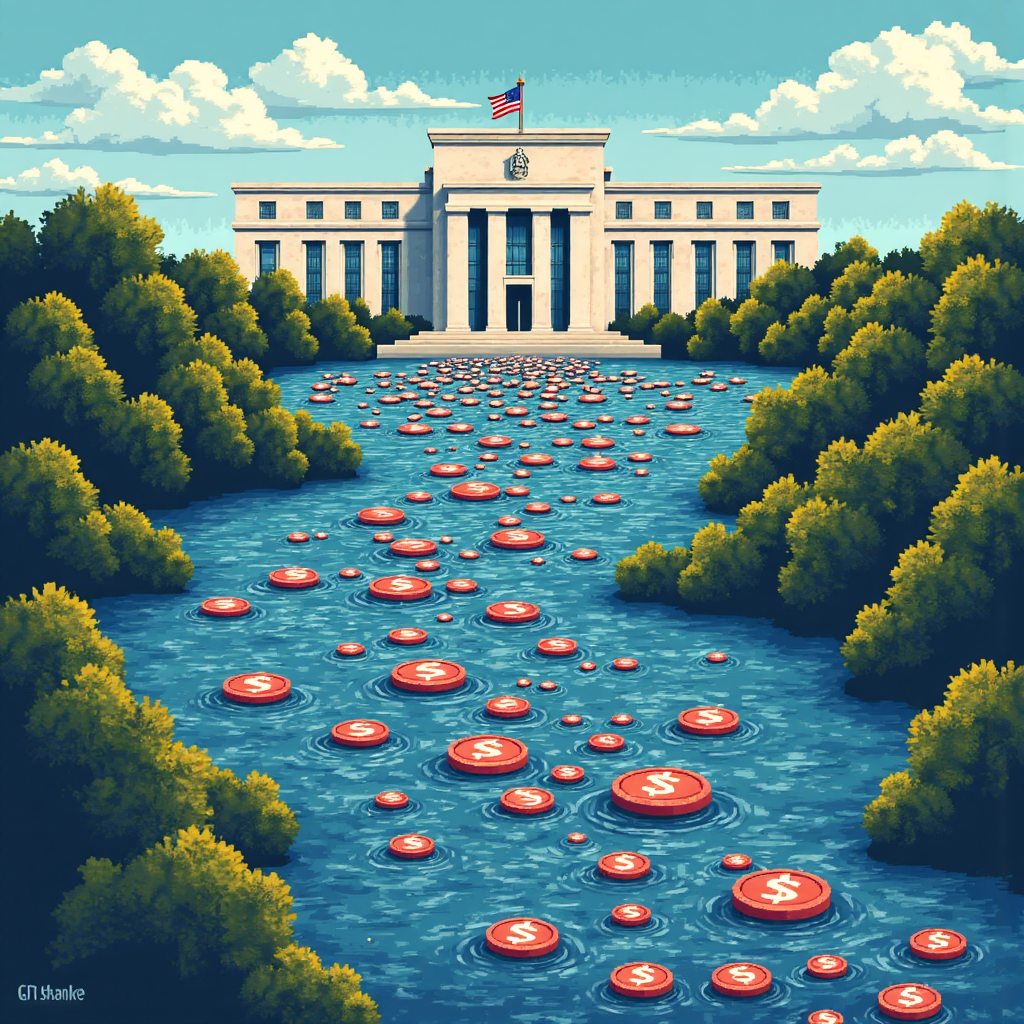 聯準會貨幣政策影響全球市場的數位貨幣河流圖像