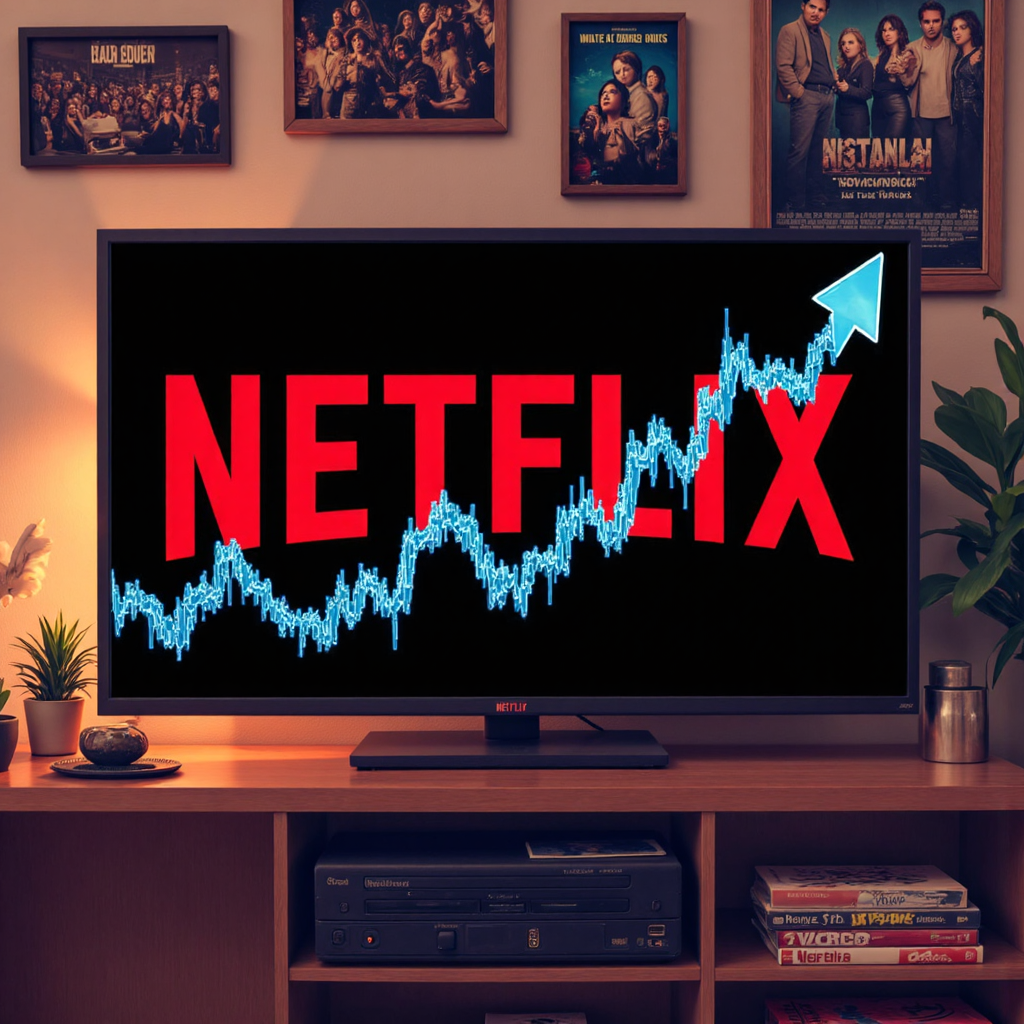 Netflix 股價上漲圖表與影視海報插圖