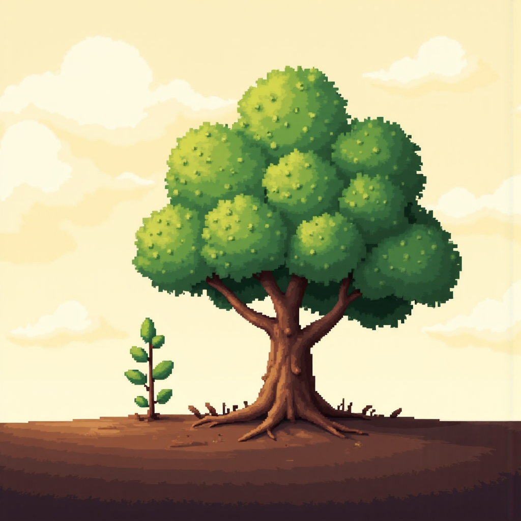 illustration of a small seedling growing into a large tree symbolizing growth from a small cap stock with soft warm lighting