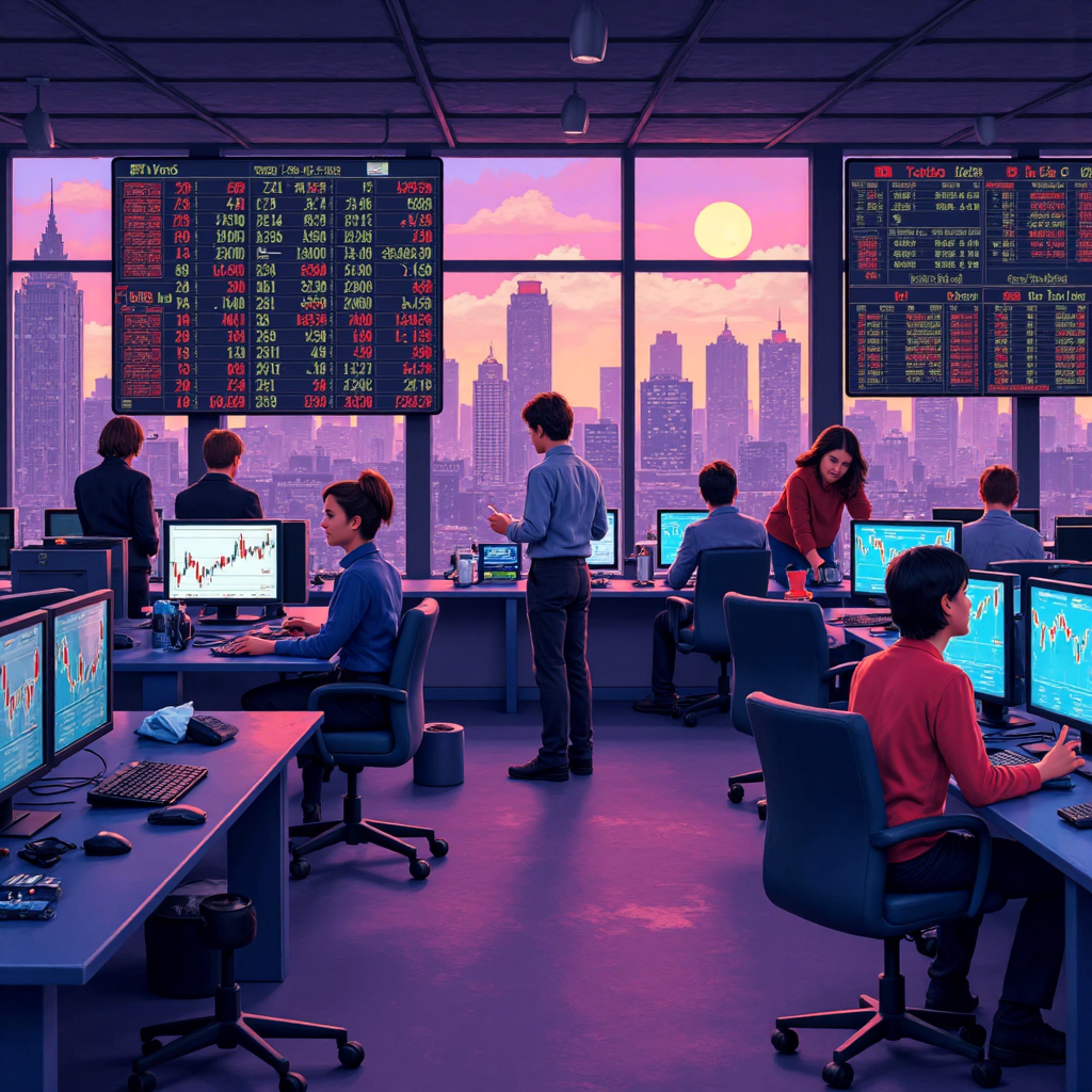 台灣投資人交易日經225期貨的忙碌交易室示意圖