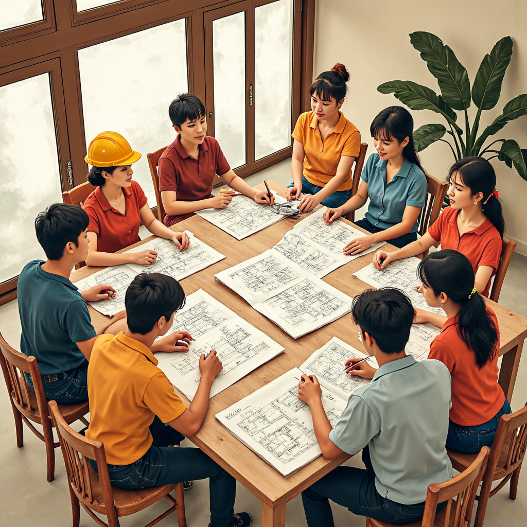 A diverse group of Thai construction workers and DIY enthusiasts collaborating and discussing blueprints with measurements in 'hoon' units depicted on the plans friendly informative atmosphere warm earthy tones