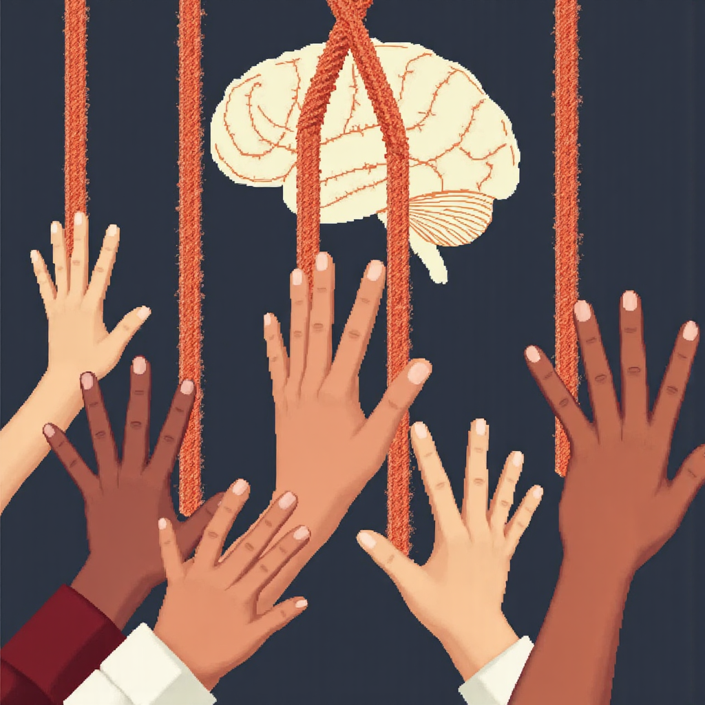 stylized illustration of diverse hands reaching for or away from a symbolic rope representing social struggles and mental health with a somber color palette