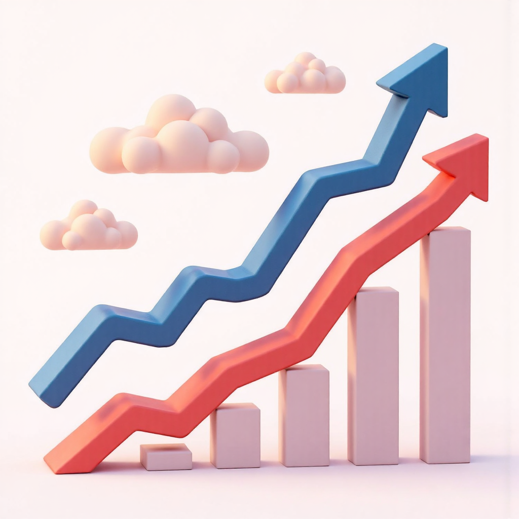 ภาพประกอบกราฟการเงินและลูกศรเติบโตที่แสดงถึงการเติบโตของการลงทุน พร้อมเส้นไหลเวียนนามธรรมแทนอัตราคิดลดในโทนสีพาสเทลอ่อน สร้างบรรยากาศสงบ