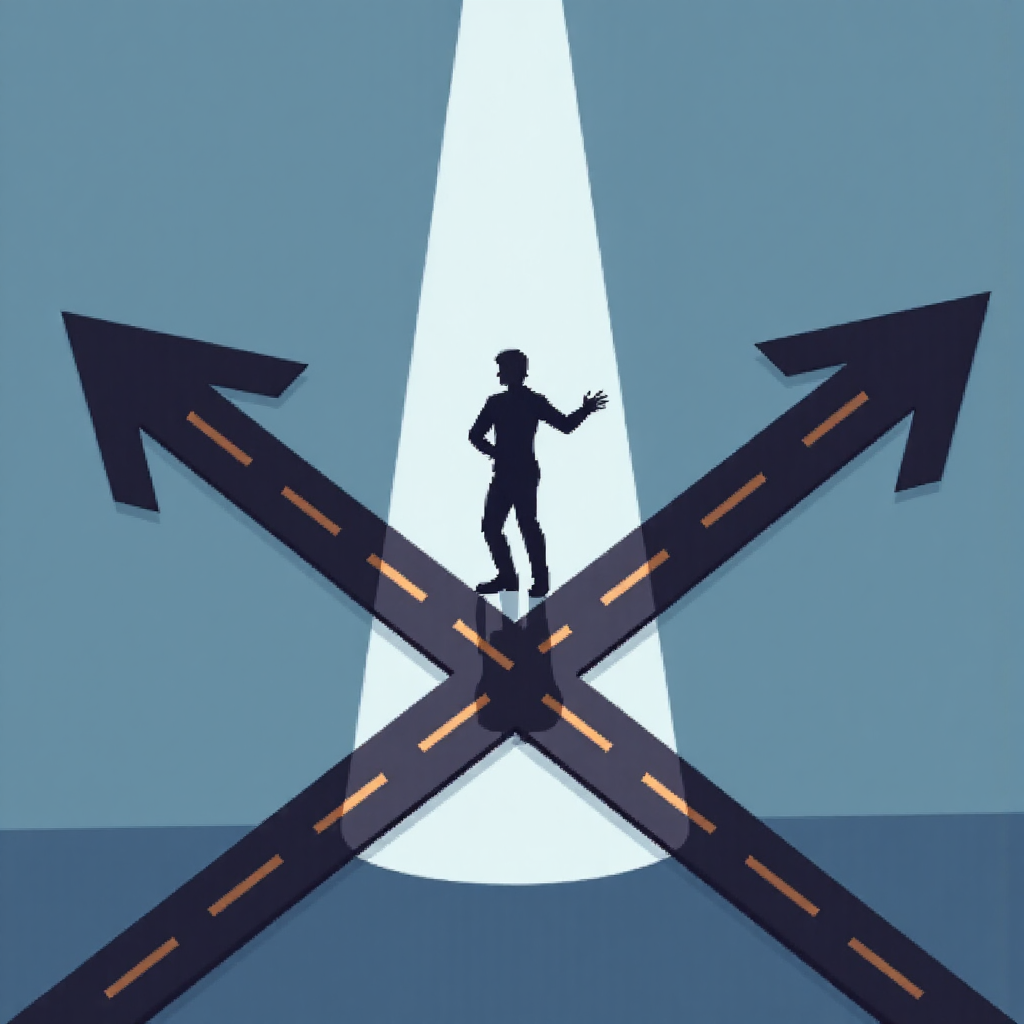 Conceptual illustration of a trader making a decision at a crossroads representing market entry and exit points the crossroads are illuminated by a spotlight and stylized CCI indicator lines guide the path forward on a muted blue background
