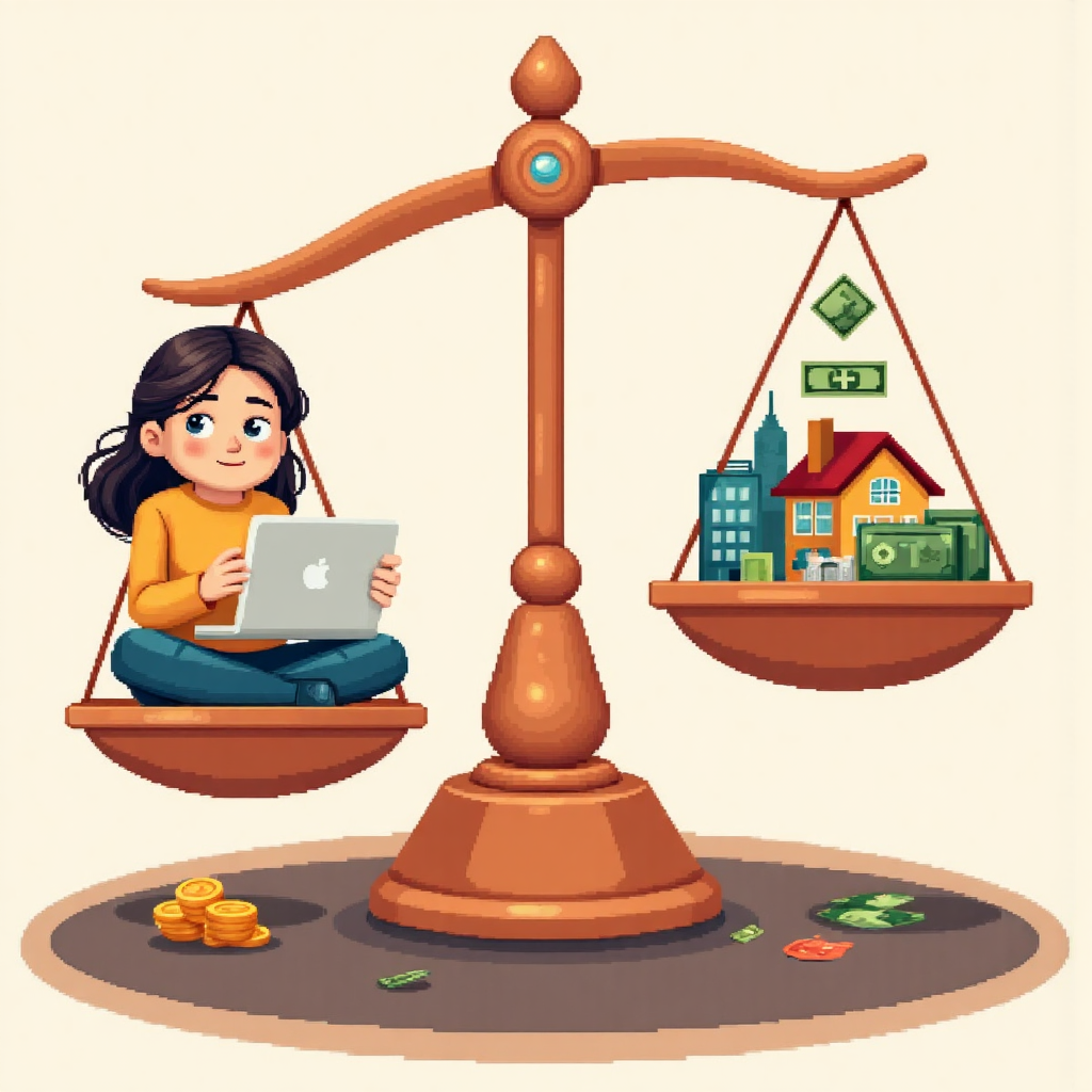 像素藝術風格的個人財務審核圖，展示房屋、股票和現金等資產減去貸款等負債，形成平衡的天平代表淨值，帶有溫暖樂觀的光芒