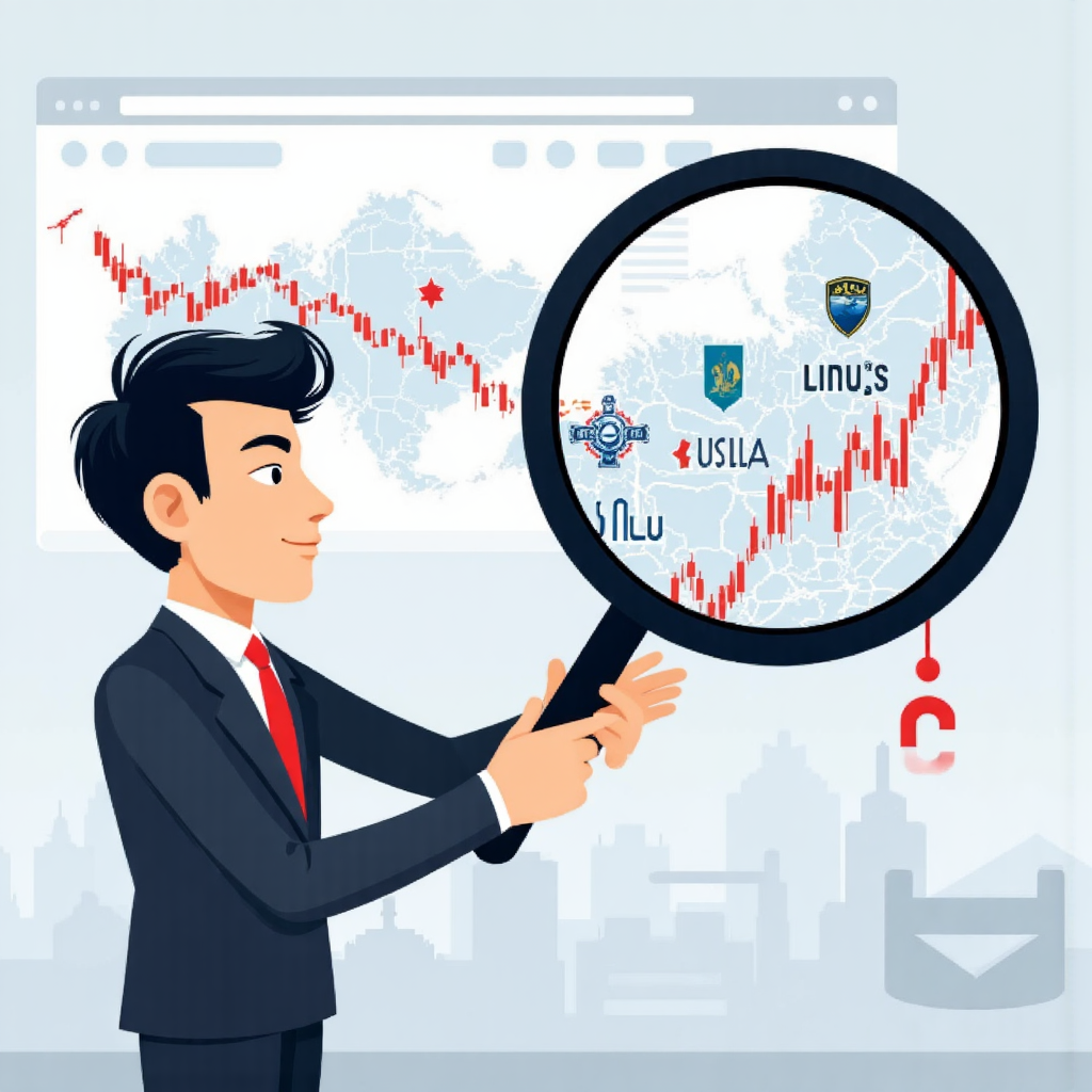 A visual metaphor of a Thai investor using a magnifying glass to explore a detailed map of the US stock market represented by growing charts and company symbols pointing towards the Russell 1000