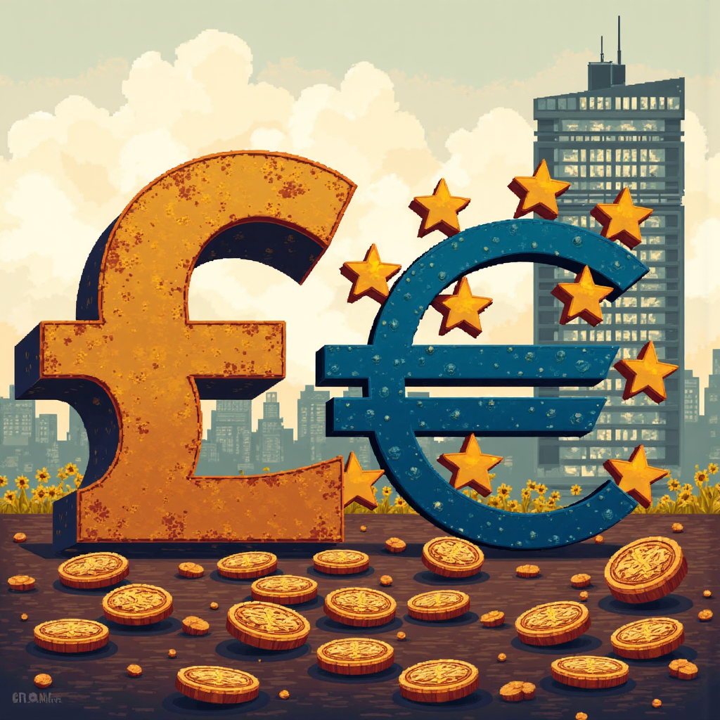 ภาพประกอบสไตล์ไพเซลอาร์ตของสัญลักษณ์ปอนด์สเตอร์ลิง £ และยูโร € สอดประสานกับเหรียญโรมันโบราณและอาคารรัฐสภาแห่งสหภาพยุโรปสมัยใหม่ พร้อมแสงเรืองรองสีทองอ่อน