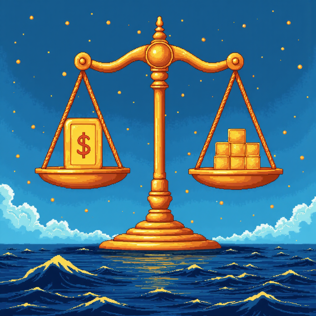An abstract illustration of a balance scale with a gold bar on one side and a US dollar symbol on the other, surrounded by swirling lines representing market volatility and economic indicators, cool blue and gold color palette emphasizing the contrast and complexity