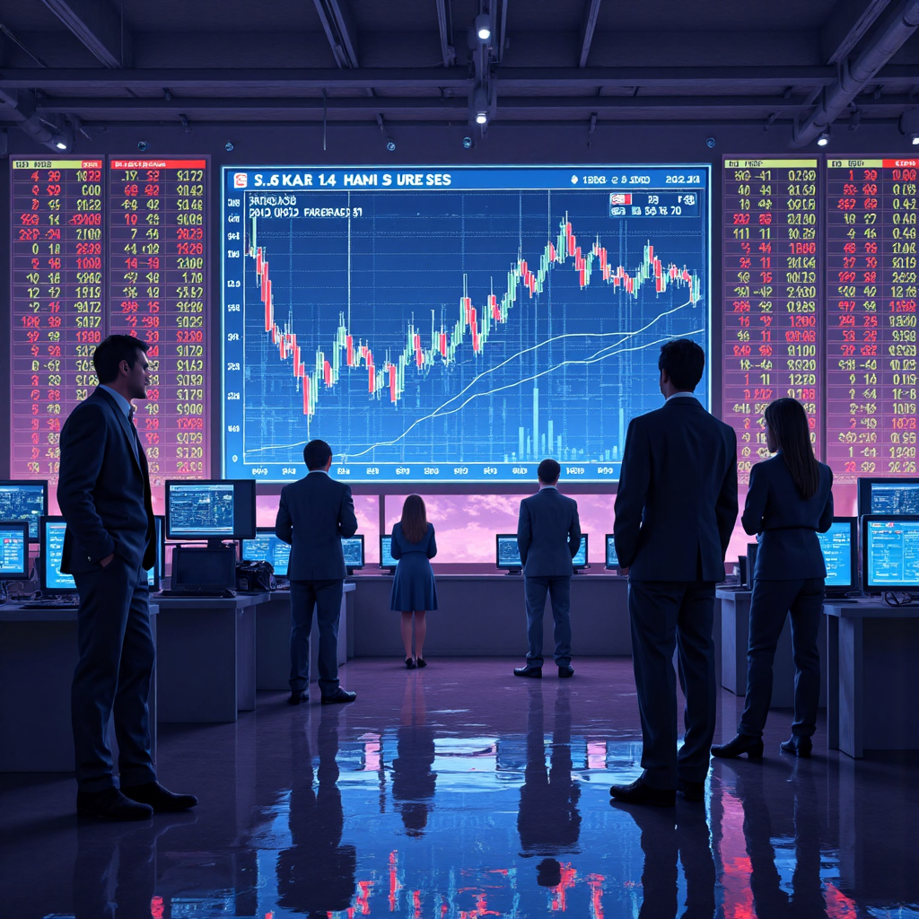 動態交易廳插圖,顯示全息圖表和國際投資者注視美國股指期貨螢幕,現代像素藝術風格