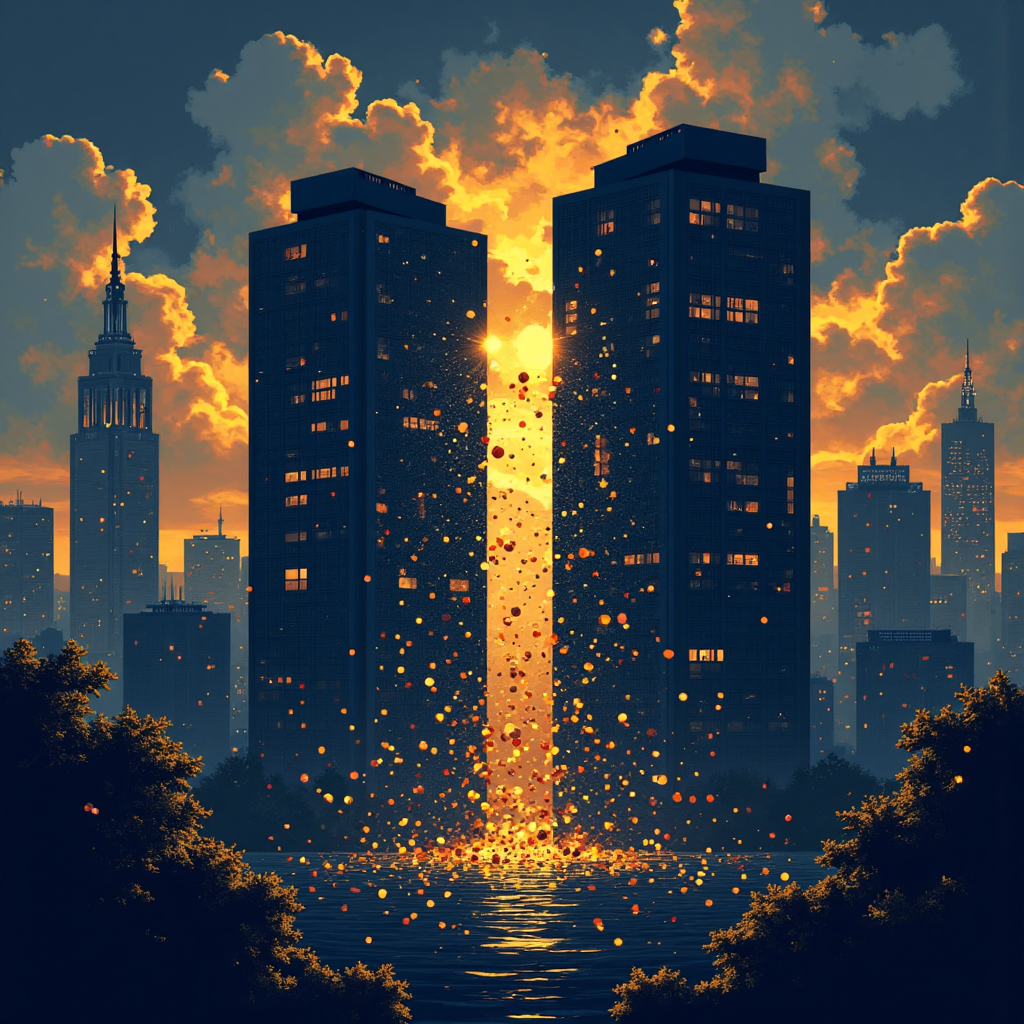 兩家銀行建築合併的像素藝術：混亂股市背景下的金融併購圖像