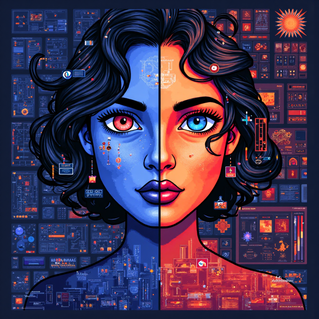 像素藝術風格,分裂圖像,一側為涼色調的抽象數據圖表和演算法,另一側為溫暖色調的生動故事插圖和人類情感,代表數據與創意的平衡