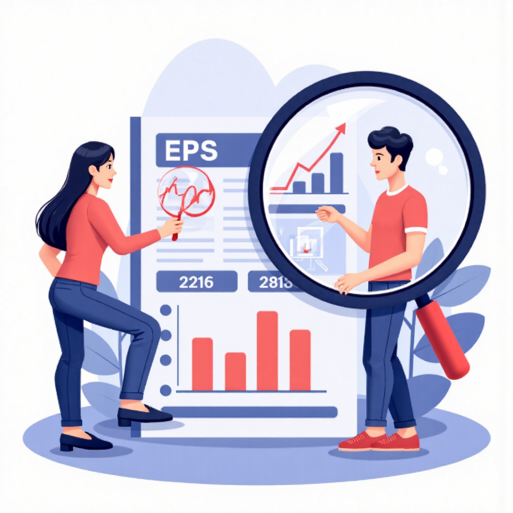 financial report with growing stock charts and a magnifying glass over the EPS number illustration style