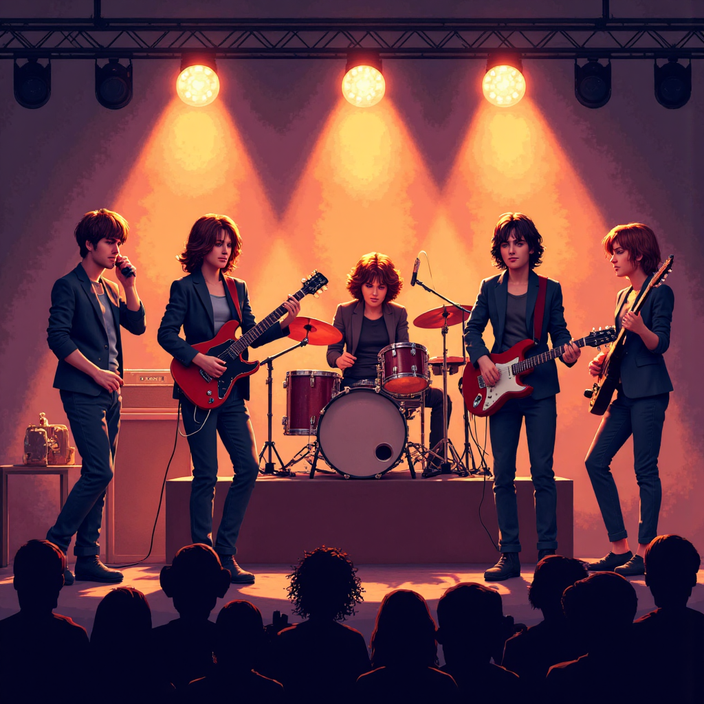 An artistic illustration showcasing a lively band performing on stage with musical instruments glowing under warm stage lights energetic atmosphere with a sense of camaraderie