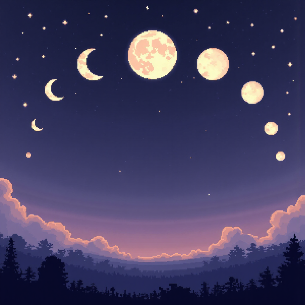 夢幻夜空下月亮各階段的風格化像素藝術插圖,伴隨微光星星