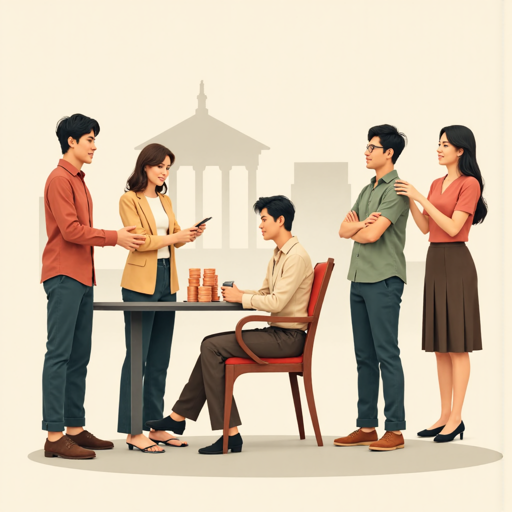 ภาพวาดสไตล์ไอซ์ของกลุ่มคนไทยหลากหลายที่กำลังตัดสินใจทางการเงิน เช่น ออม ลงทุน และกู้ยืม พร้อมเงากลางธนาคารแห่งประเทศไทยในระยะไกล โทนสีสงบกลางๆ