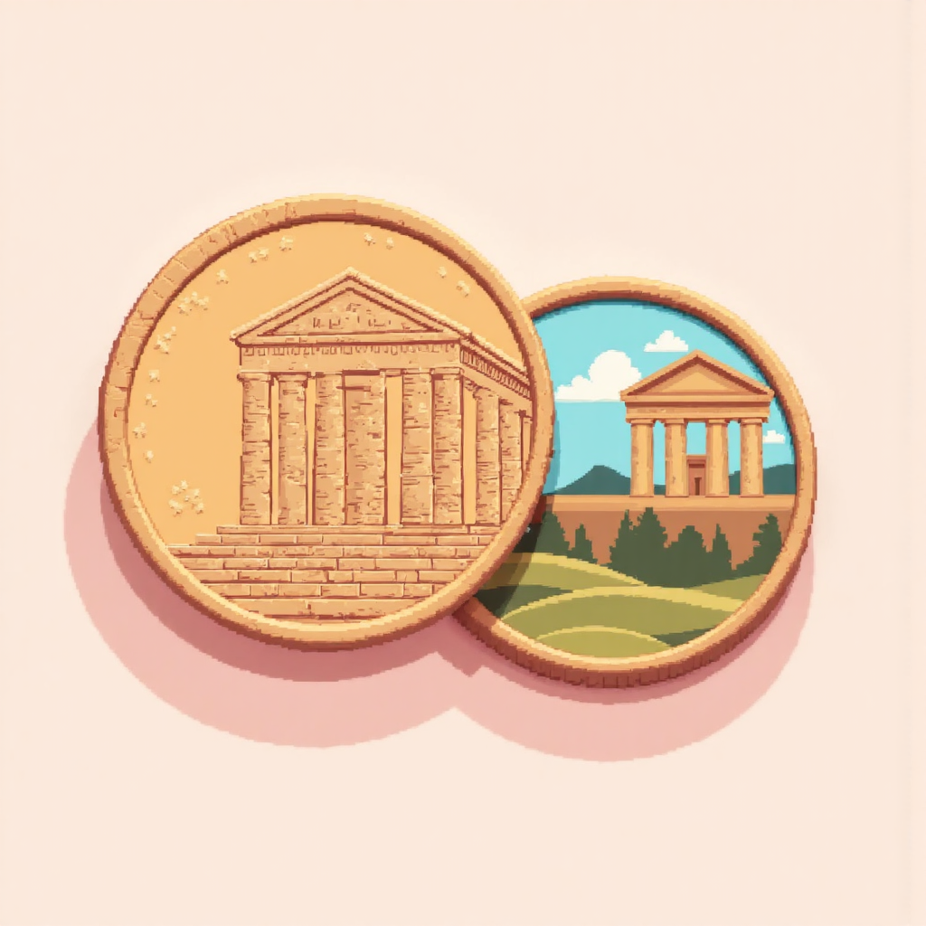 An illustration of ancient Greek coins transforming into modern Euro coins with a Greek temple silhouette in soft pastel colors