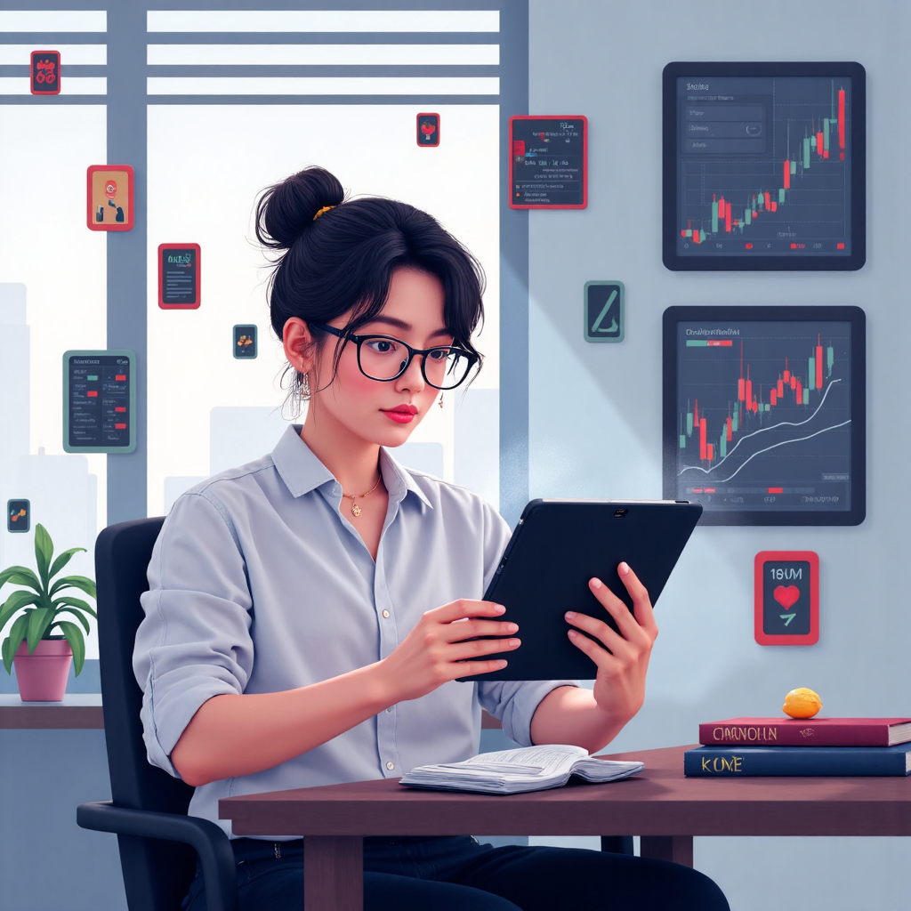 台灣投資者在平板上審視股票圖表，周圍環繞浮動的數字股票符號和圖表，柔和色調與平靜氛圍