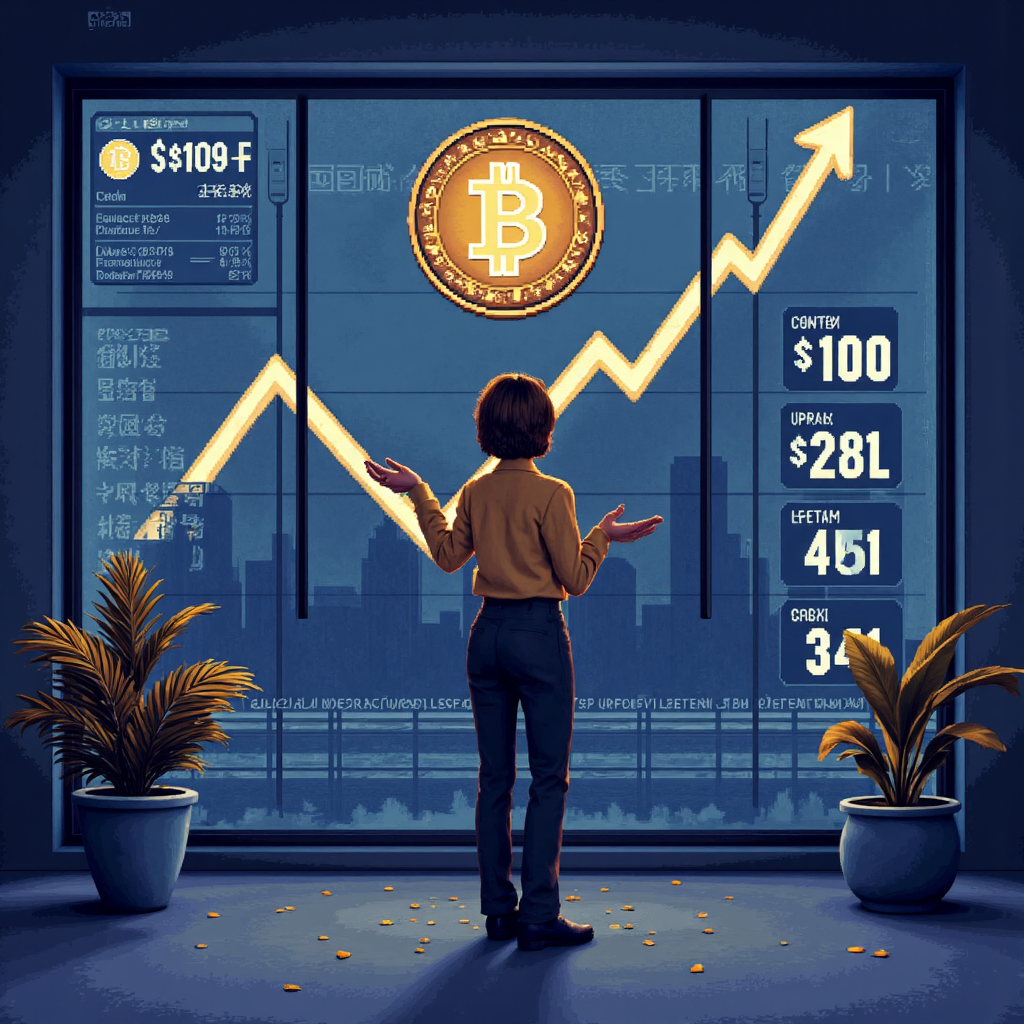 數位介面顯示加密與傳統貨幣符號，閃爍箭頭標示漲跌趨勢，前景中人士以手勢自信決定買賣，營造現代科技感與及時財務策略氛圍