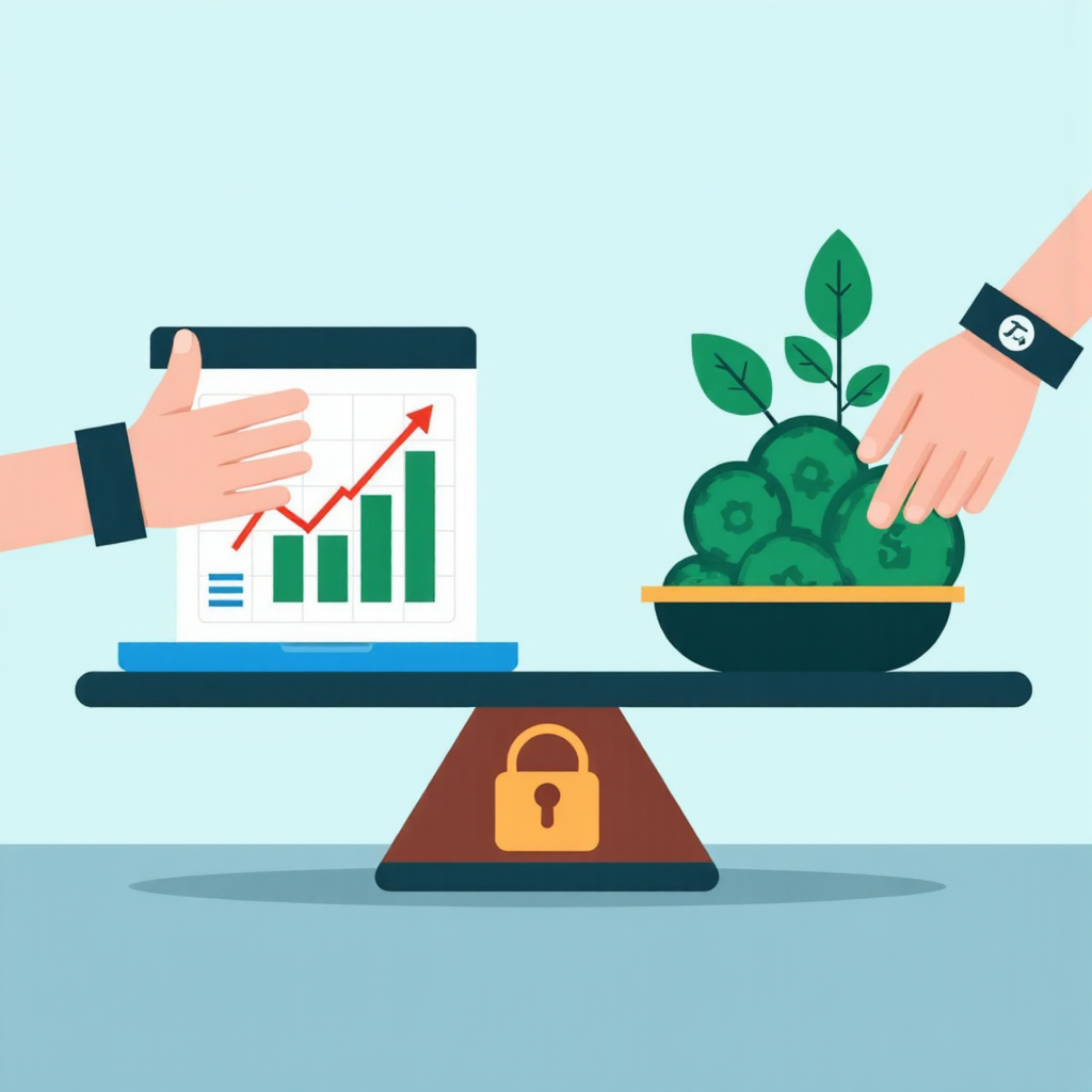 A visual metaphor of hands carefully balancing a portfolio graph on one side and a secure protective lock on the other in a professional yet approachable illustration style with calm blue and green tones