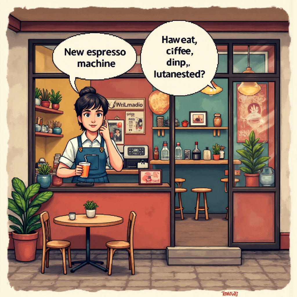 illustration of a small coffee shop owner thoughtfully deciding between investing in a new espresso machine or renovating the storefront with vibrant colors and comfortable seating