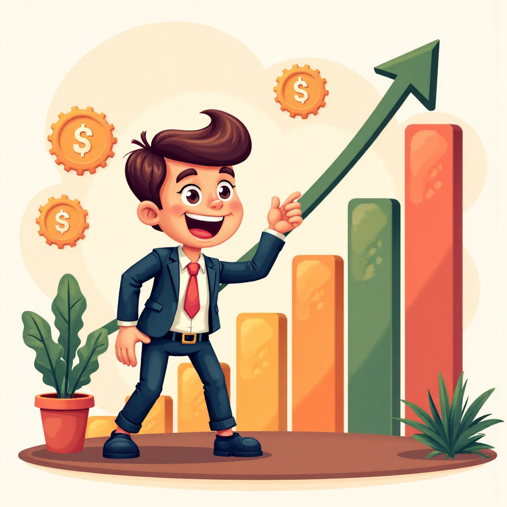 A vibrant and friendly illustration depicting a business owner excitedly examining a growing bar chart representing profit margins with a backdrop of gears and financial symbols designed in a playful cartoon style with soft warm lighting and a cheerful atmosphere