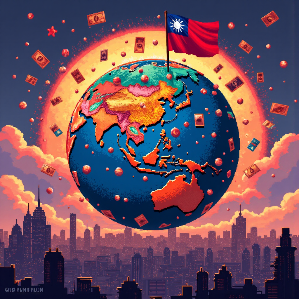 貨幣兌換符號環繞地球與台灣國旗的像素藝術插圖，呈現溫暖柔和光線