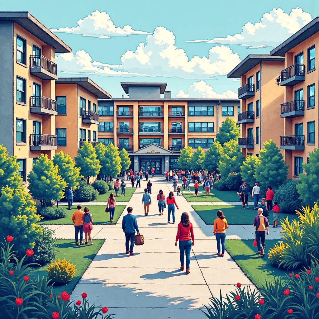 ภาพวาดสไตล์มหาวิทยาลัยที่มีนักศึกษาหลากหลาย互动ท่ามกลางภาพแทนกระแสข้อมูลและการเชื่อมต่อเครือข่ายแบบนามธรรม