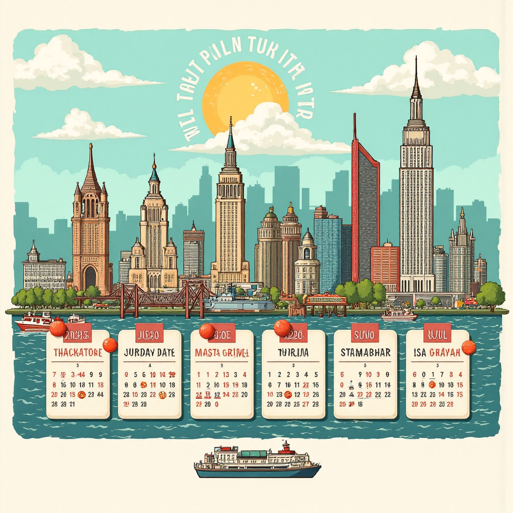 illustration depicting a travel timeline with iconic american landmarks and calendar pages marking major US holidays with a bright sunny sky and friendly travel elements