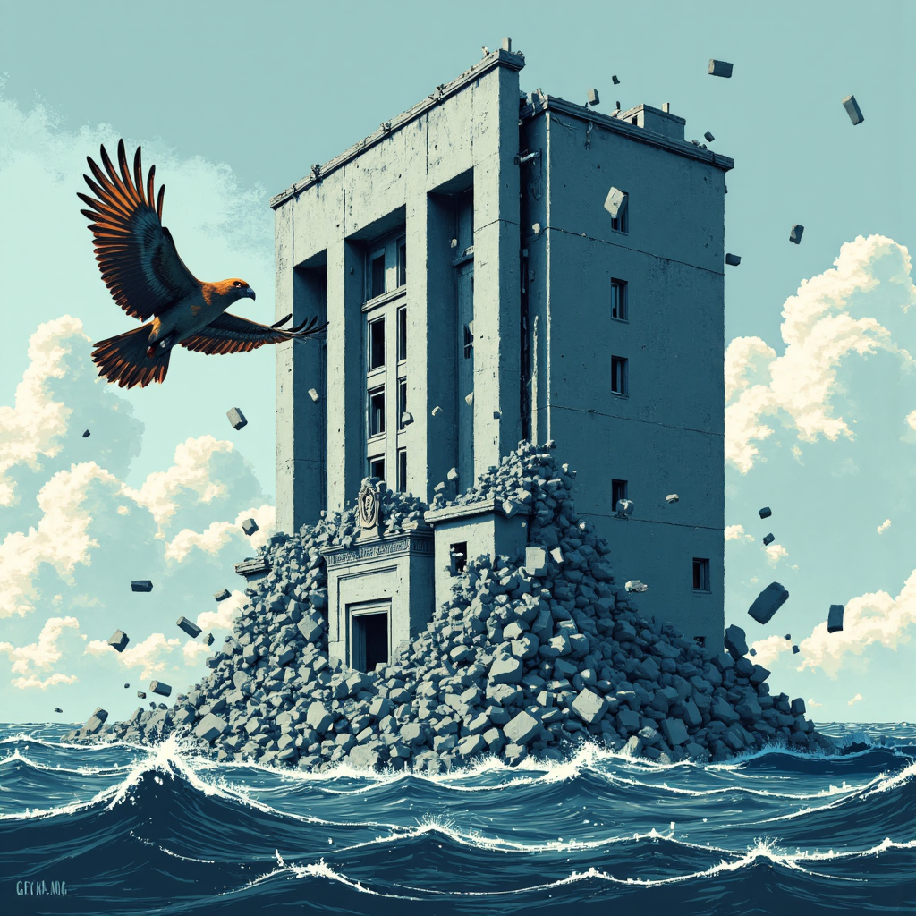 瑞士銀行危機像素藝術：崩塌的銀行建築與掠食鳥俯衝的金融風暴插圖