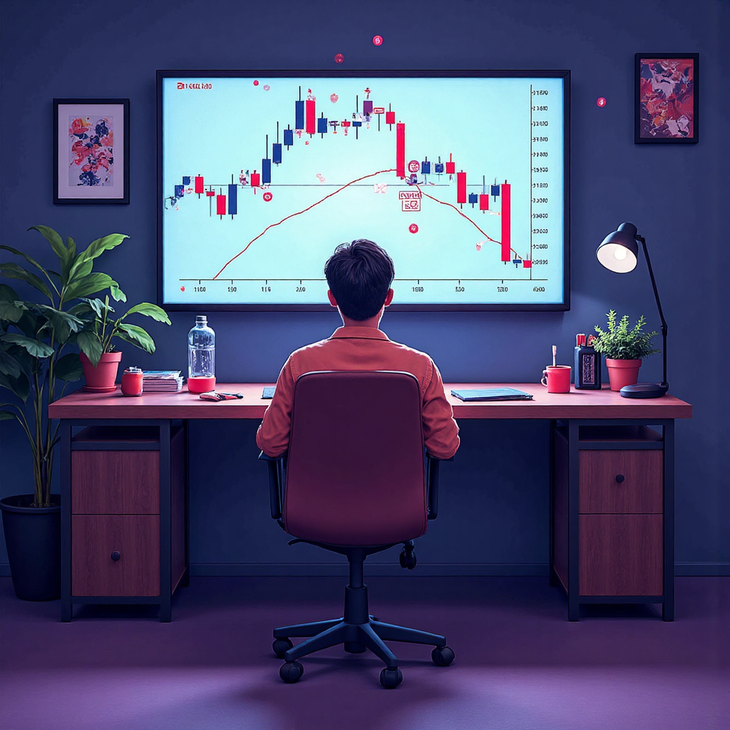 A vibrant illustration of various forex chart patterns like head and shoulders double tops and triangles forming on a glowing digital screen with subtle currency symbols floating around a calm trading desk in soft diffused light