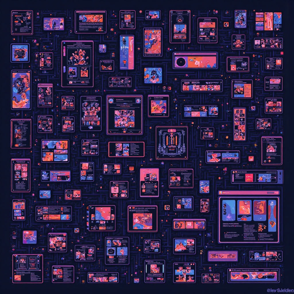 abstract digital art representing a network of communication streams social media icons and internet forums showcasing 'goo' in memes and online communities with a futuristic and dynamic feel