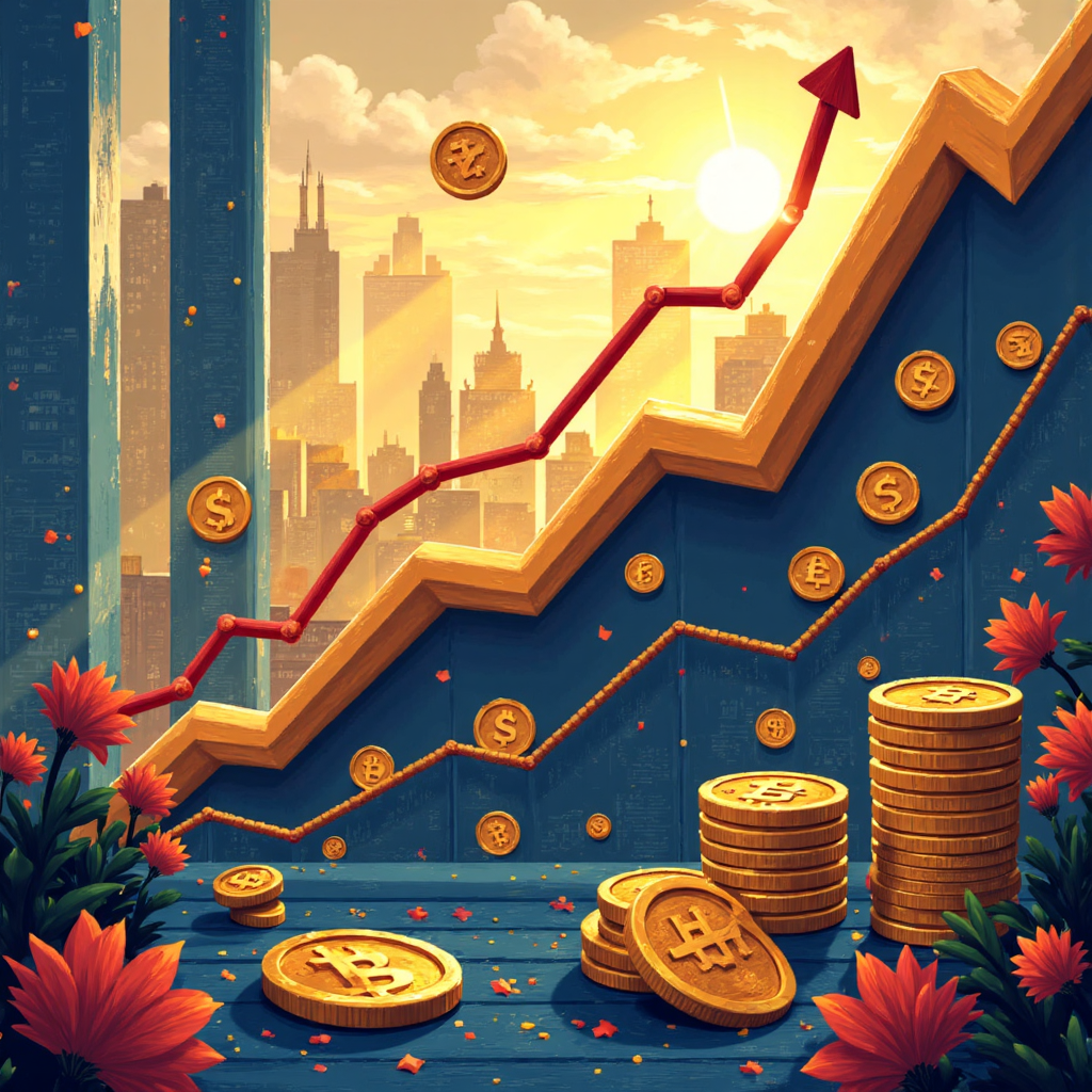 A vibrant illustration of a golden XAUUSD line graph soaring upwards against a backdrop of digital currency symbols and economic charts, soft sunlight illuminating the scene, depicting financial growth and opportunity in a modern artistic style