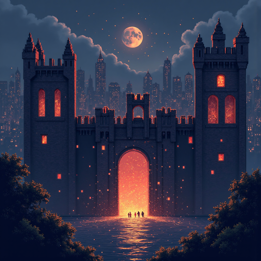 傳統城堡式防火牆崩解的視覺隱喻像素藝術,顯示內部威脅與竊取憑證在多孔內網自由移動