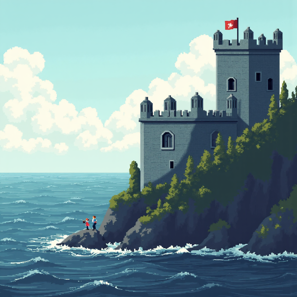 信用評級像素藝術,堅固堡壘牆象徵評級安全,S&P、Moody's、Fitch小人物守衛,背景平靜海洋代表財務穩定