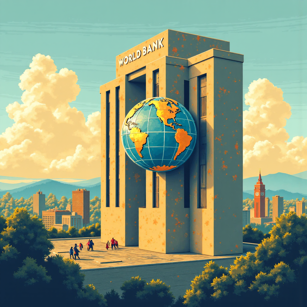 ภาพสไตล์ไอคอนิกแสดงการก่อตั้ง IMF และ World Bank ด้วยเสาหลักสัญลักษณ์การเงินและการพัฒนาพยุงโลก สีทองอบอุ่นผสมโทนน้ำเงินอ่อน สร้างบรรยากาศแห่งความหวัง