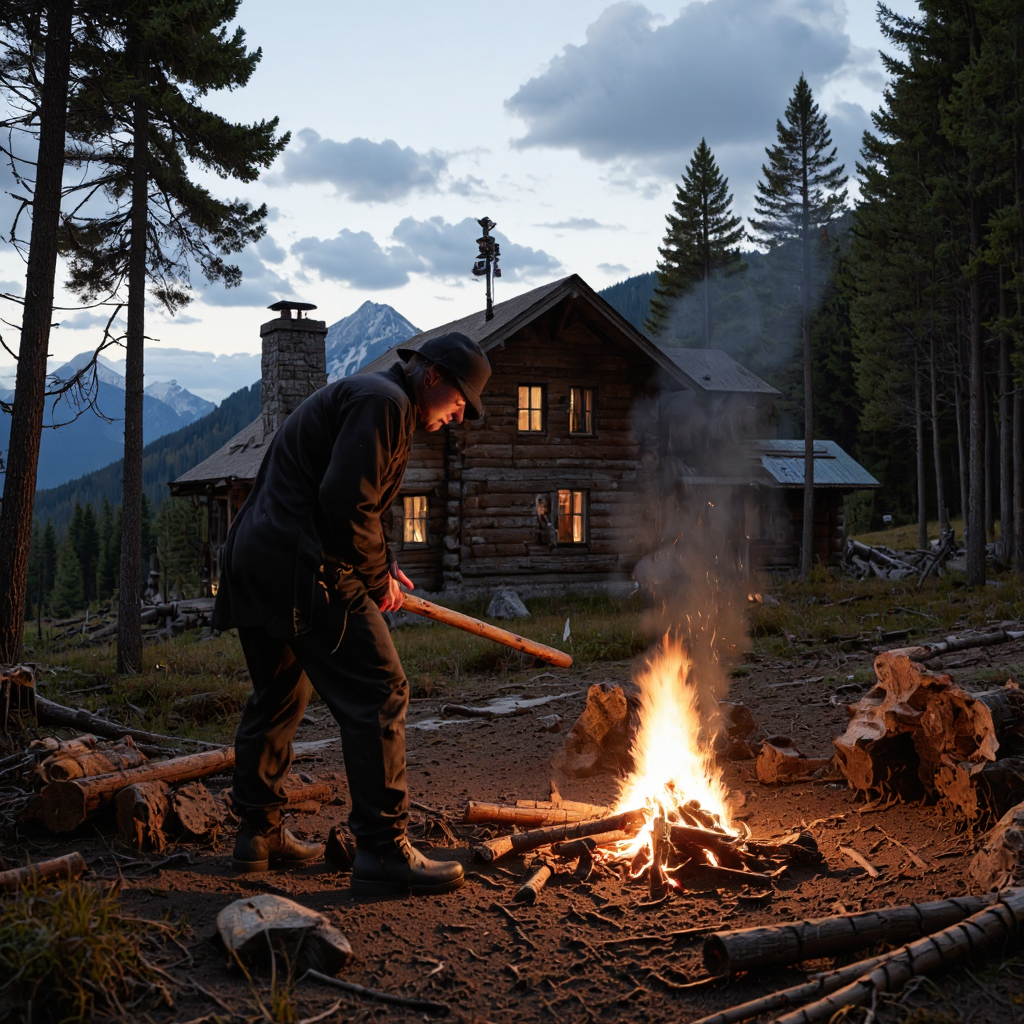 /workflow a lumberjack chopping wood in the middle...