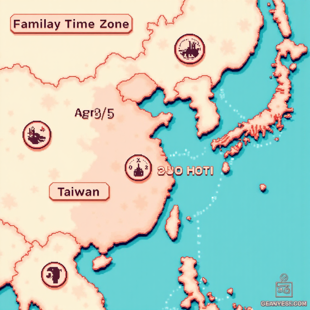 美台時區轉換的風格化地圖,包含趣味時鐘元素與柔和漸層燈光,友好插畫風格