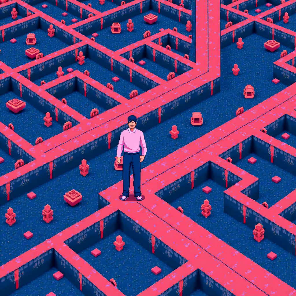 交易者自信穿越金融市場迷宮,標示策略、風險與紀律的路標,使用鮮豔樂觀色調像素藝術插圖