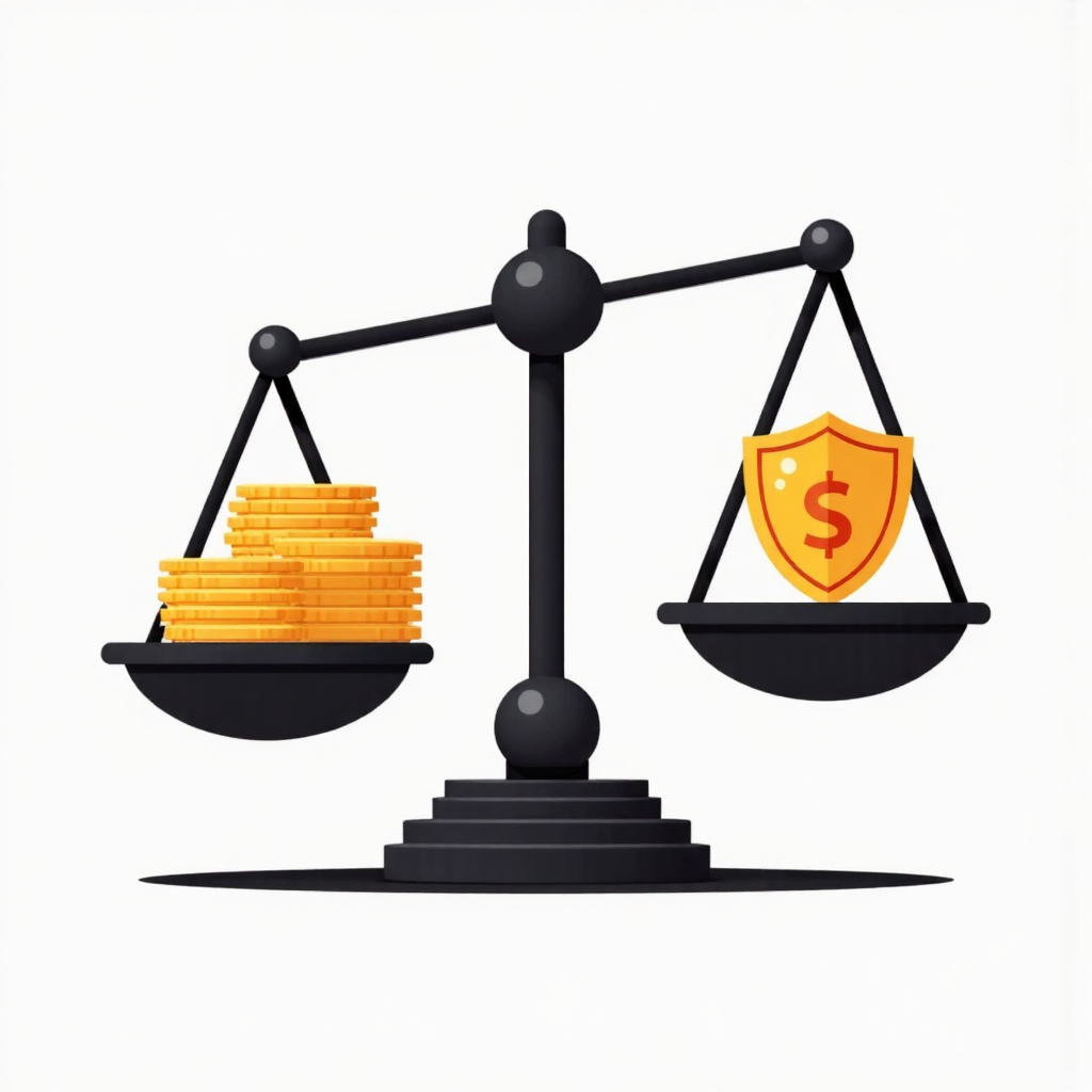 A stylized graphic representing a balance scale with coins on one side and a shield on the other symbolizing risk and return in investment with a clean flat design style