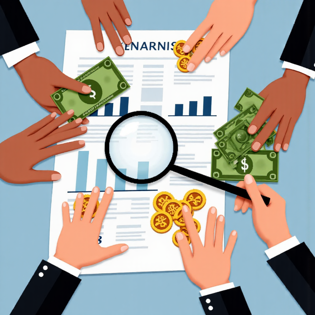 多樣化手持幣紙幣透過放大鏡檢視財務報告,顯示銀行穩定性柱狀圖