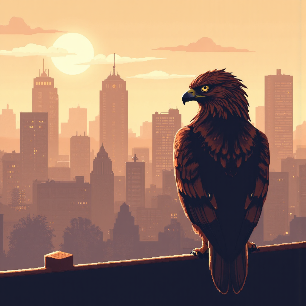 ภาพประกอบนกเหยี่ยวตาคมกริบมองลงมาที่เมืองพร้อมกราฟการเงินเบื้องหลัง สไตล์พิกเซลอาร์ตสมัยใหม่ สีอบอุ่นนุ่มนวล