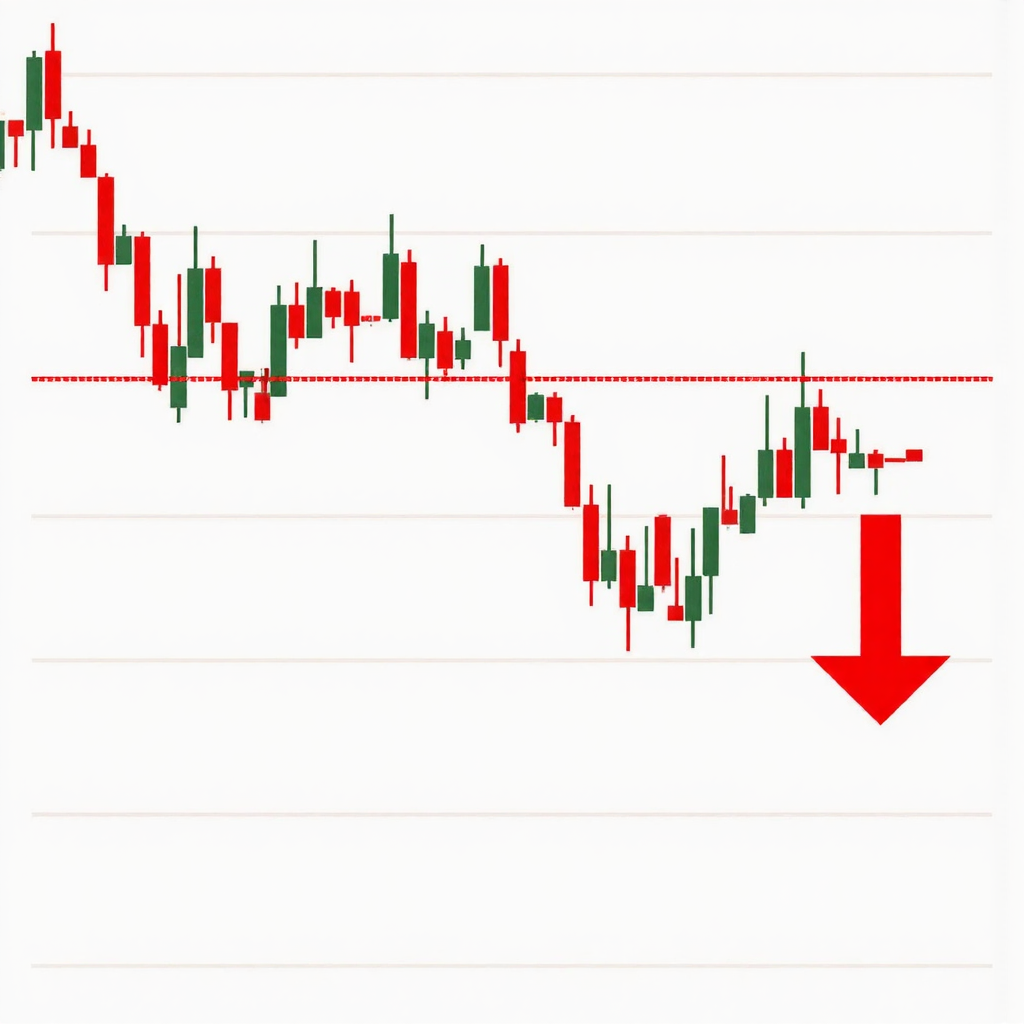 Illustrative style chart showing a downward trend with a red downward arrow and a technical indicator displaying a diverging pattern with a less steep downward slope symbolizing bearish divergence