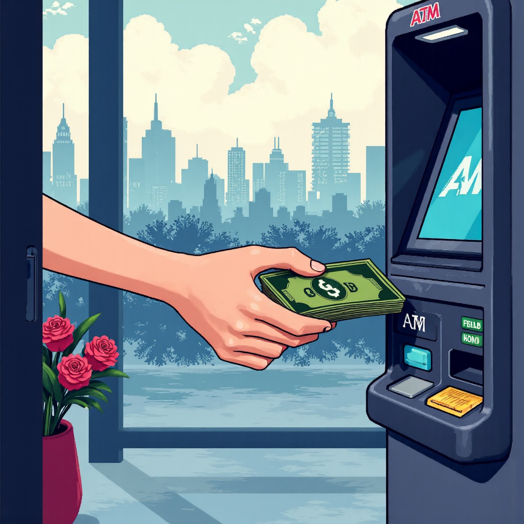 ภาพประกอบศิลปะที่แสดงมือรับเงินสดจากตู้ ATM กับพื้นหลังผสมผสานสถานที่สำคัญของไทยและไอคอนดิจิทัล สื่อถึงการเข้าถึงทางการเงินที่ปลอดภัยในท้องถิ่น