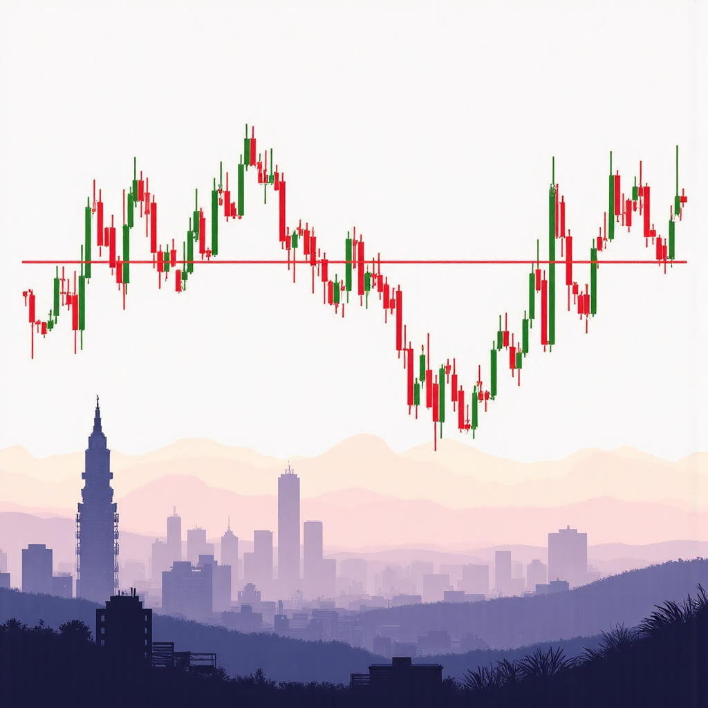 台灣城市景觀背景上的金融圖表與彩色 Bollinger Bands 的極簡插圖