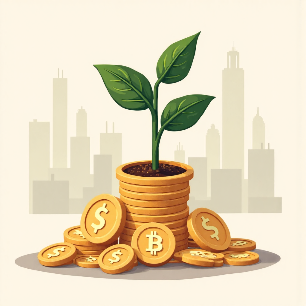 像素藝術風格插圖,顯示一株從錢幣堆中生長的植物,象徵貨幣市場基金的成長,背景融入抽象財務圖表,使用柔和寧靜色調